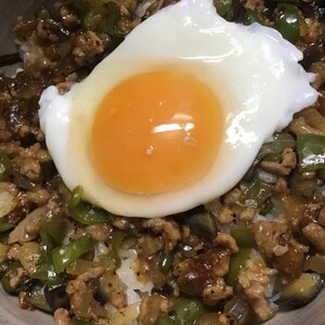 なすとピーマンの、コチュジャンそぼろ丼